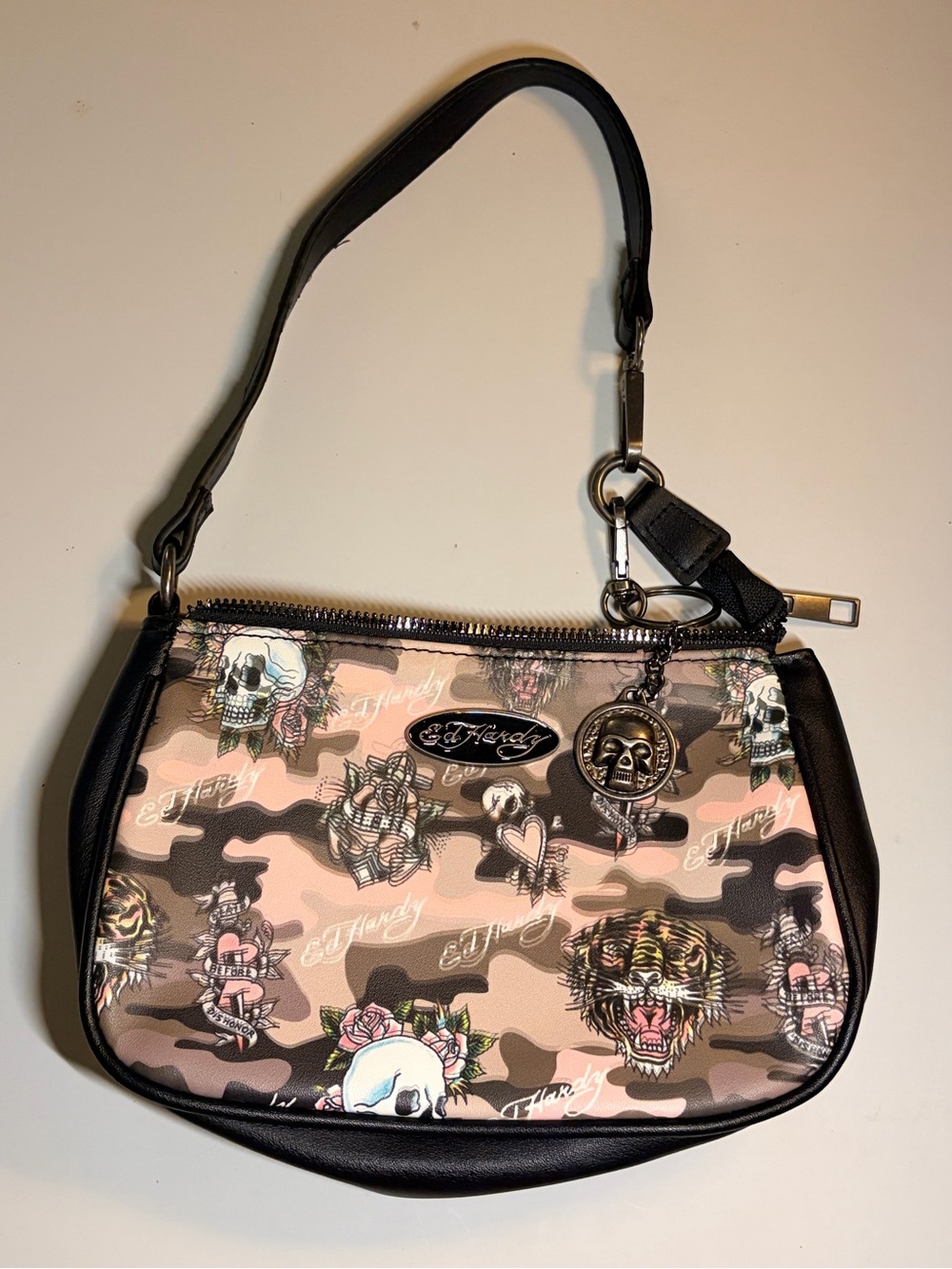 Ed Hardy Pink Camo Tattoo-Print Wristlet with Black Trim